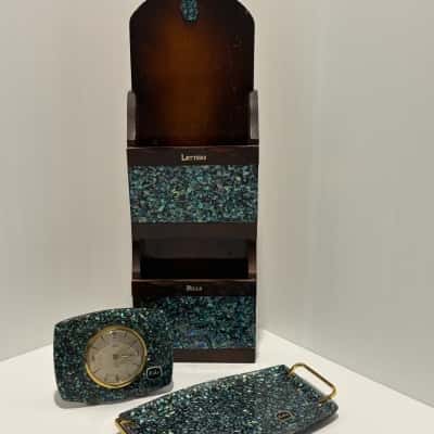 Vintage Koha Paua Shell 3 Piece Office/Desk Set - Clock, Tray and Mail Organiser