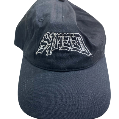  Mens  black dad cap with the word "SPEED" embroidered in white