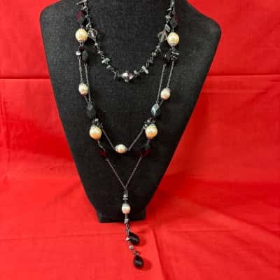  Women's Multi-Strand Silver Tone Long Necklace featuring Black Faceted Beads, White Faux Pearls & Grey Crystal Stations