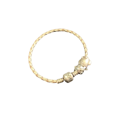 Pandora Womens braided leather Bracelet stamped ALE 925 Silver with 2 Charms