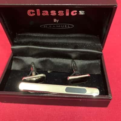  Men's Silver Tone Black Stripe Cufflinks & Tie Pin Set