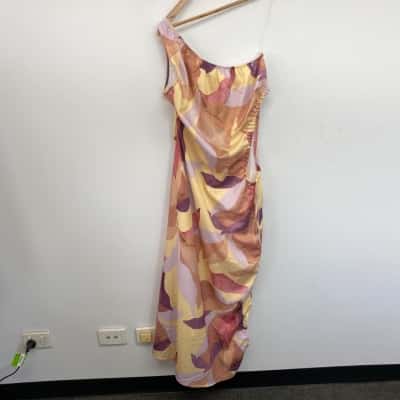 Billy J Pink Yellow Pattern One Shoulder Cut Out Midi Dress  Size 12 