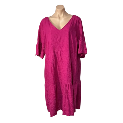 Autograph Womens Size 18 Bright Pink Embroidered V-neck Short Sleeve Midi Dress 
