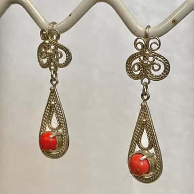 Sterling Silver Red Stone Filigree Teardrop Earrings (Stamped 925)