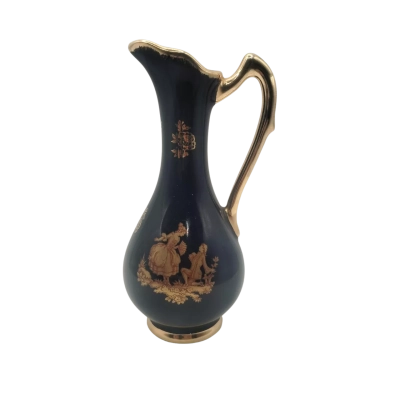 Limoges Castel Small Porcelain Pitcher. Courting Couple. Colour: Cobalt Blue & Gold, 14 cm. tall. No Chips or Cracks.