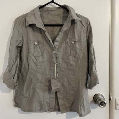 Patrice Breal Womens  Size 10 Long Sleeve Linen Shirt Grey  Tone