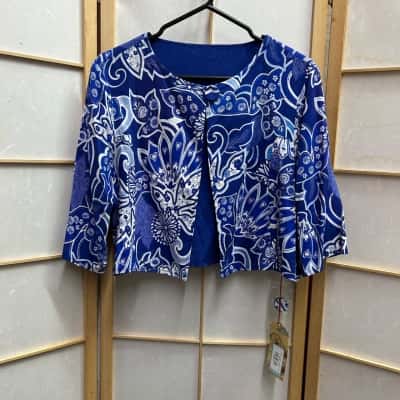  New with tags MAIOCCHI Women’s Size 14 Iris Reversible Jacket/ Cropped Jacket / 3/4 Sleeve Jacket Blue / Floral / White 