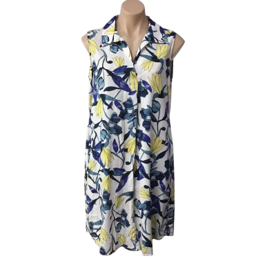 W-Lane Womens Size 12 White / Blue / Yellow Pattern Linen Sleeveless Shirt Dress  