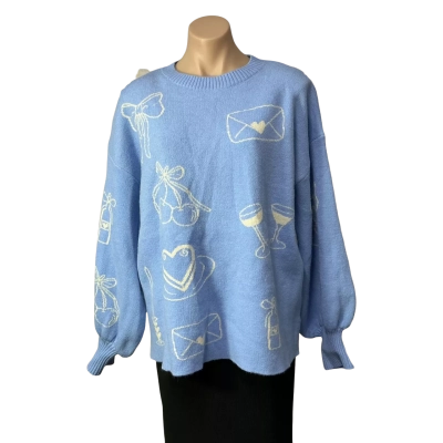 Paper Heart Womens Size L Light Blue / White Pattern Crew Neck Jumper (new)