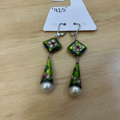  Womens Silver 925 Green Floral Earrings 