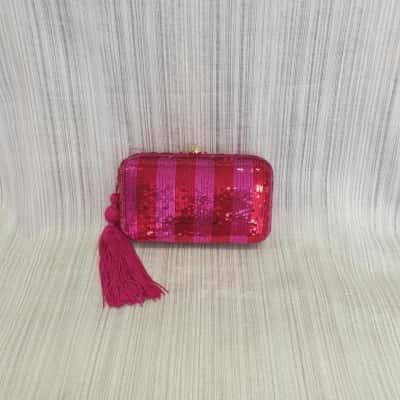 Accessorize London Gorgeous Vibrant Pink & Red Sequin with Large Pink Tassel Detail /Evening /Hard Shell /Clutch Bag