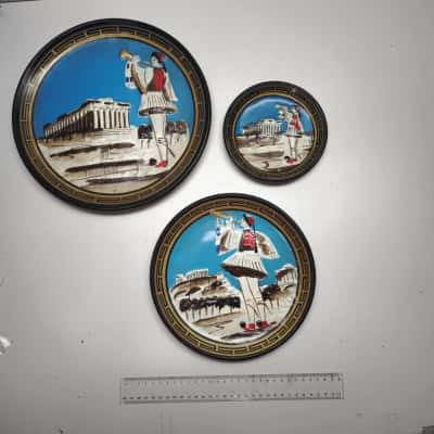 Vintage Greek Evzone Hand Painted Terracotta Wall Plates Set of 3 Souvenir