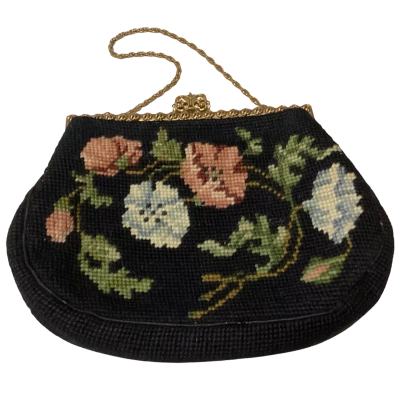 Vintage Floral Petit Point Needlepoint Evening Bag with Gold-Tone Chain