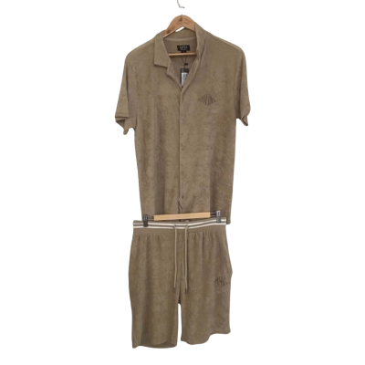 Man Mens Size M Towelling Shirt and Shorts Set Beige 