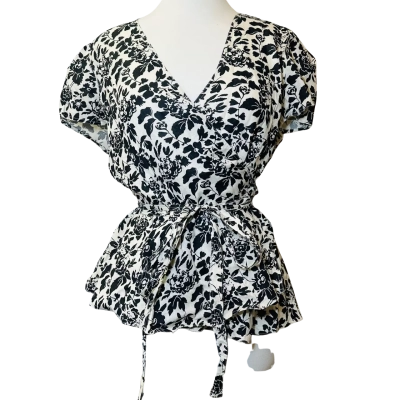 POLO RALPH LAUREN Size XL Linen Wrap Blouse Black & White  