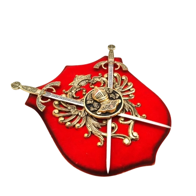 Vintage Spanish Style Coat Of Arms Shield Shaped Plaque Mounted On Red Velvet - Possibly Souvenir From 1970's - 80's Spain 30cm Height x 29cm Width  (brica shelf)