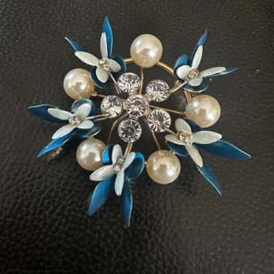  Womens Brooch Blue Butterflies on Gold Tone with Faux Pearland Cz Elements.