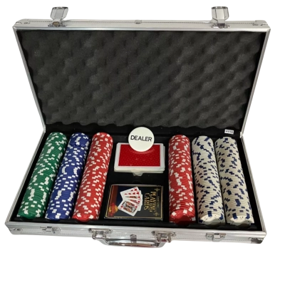 Poker Chips Two Packet of Cards - Metal Carry Case 