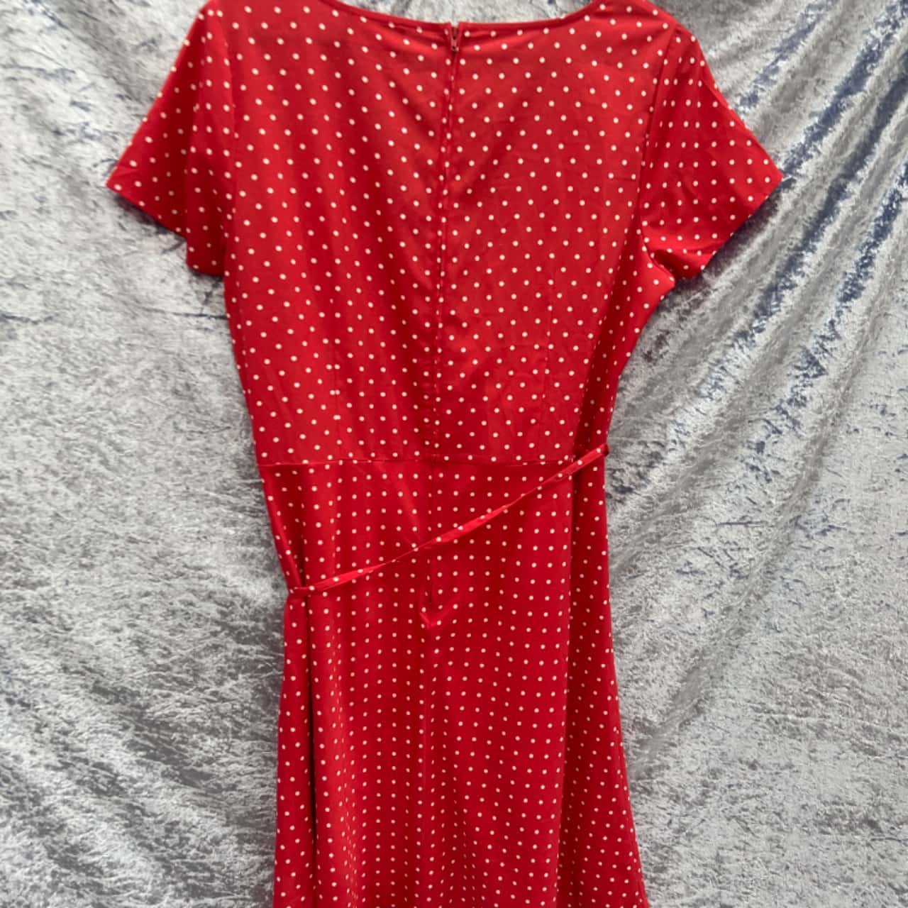 strapless open back dress Women's Retro Polka Dot V Neck Short Sleeve Ruffle Wrap Midi Dress, Red / S main image 1