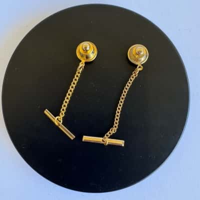  Vtg. Gold-plated tie tack clutches with chains and bars