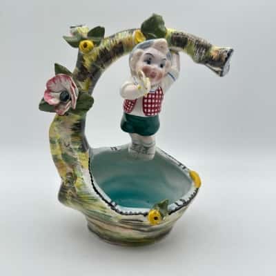 Vintage Italy Ceramic Boy Hanging From Tree Planter