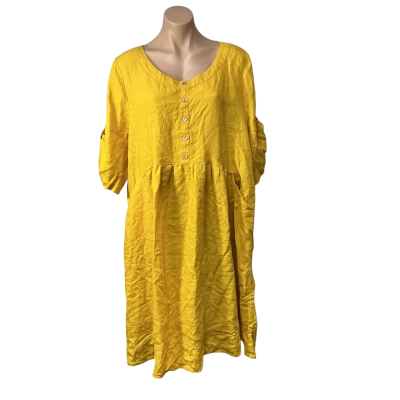 Blue Illusion Womens Size 3L Mustard Yellow 100% Linen Short Sleeve Midi Dress
