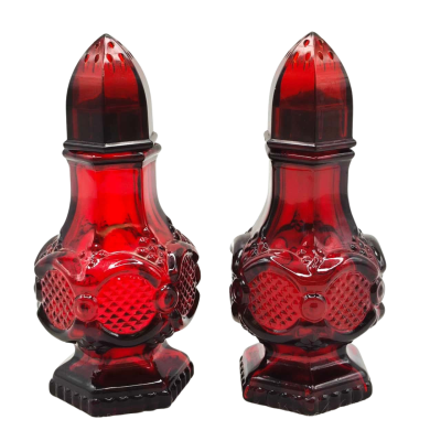 Vintage 1978 Avon Ruby Red Glass Bottles With Stopper - Cape Cod Collection - Can Be Converted To Salt/Pepper Shakers  (office)