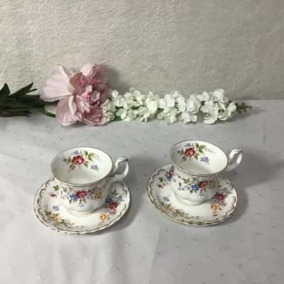 Vintage Royal Albert "Jubilee Rose" Set of 2 Bone China Cups & Saucers