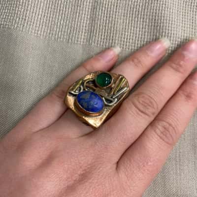  Womens Artisan Bronze Tone Ring With Blue Green and Metallic Accents