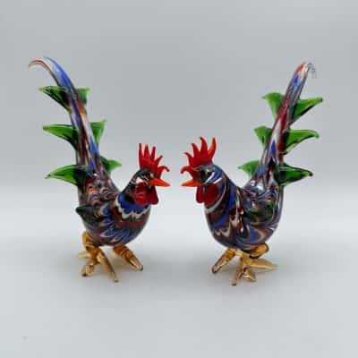 2 Gorgeous Art Glass Roosters