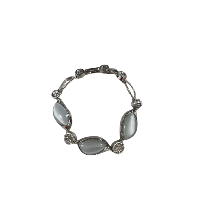 Silver-Tone White Grey Cats Eye & Crystal Bracelet