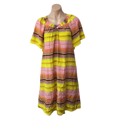 Marcs Womens Size 12 Pink / Brown / Orange / Yellow Pattern 100% Silk Short Sleeve Dress (new)