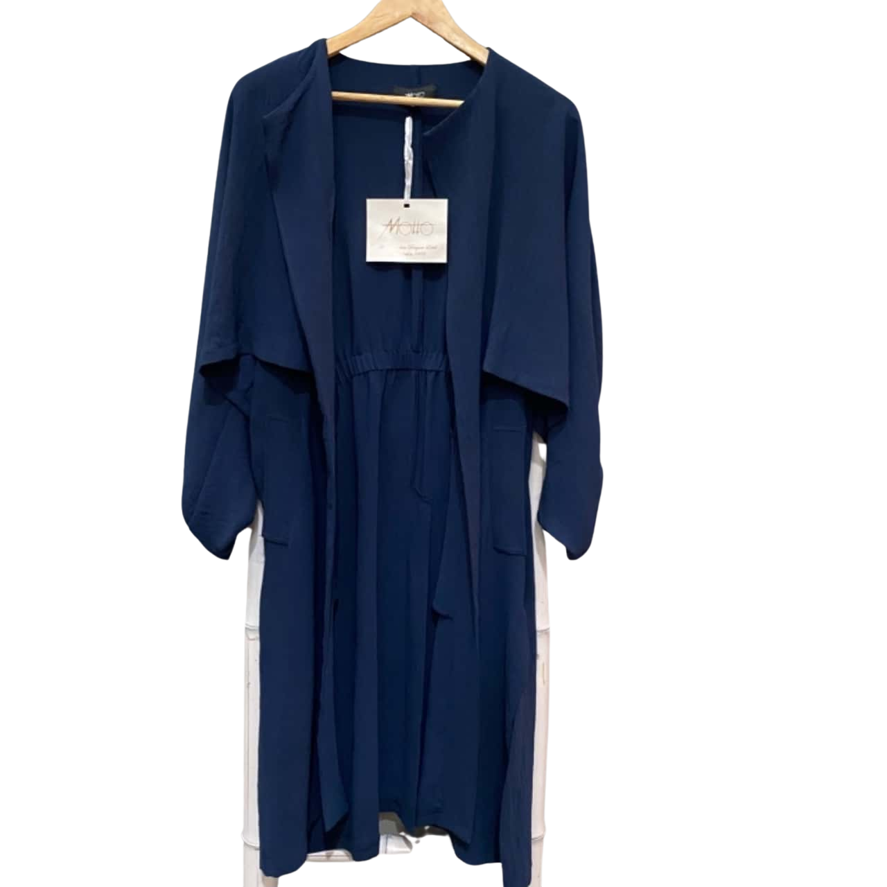 BNWT Women's MOTTO Brand Size 12 Navy Blue Lightweight Open Long Trench