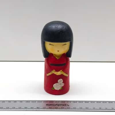 Vintage Japanese Kokeshi Doll Wooden Figurine Red Kimono Blossom