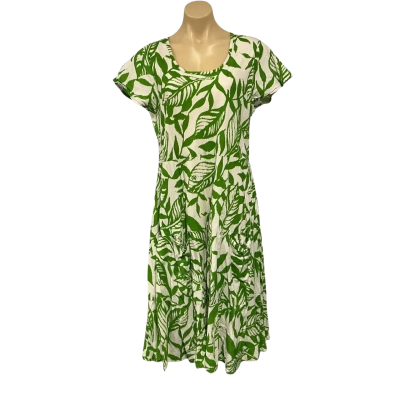 Orientique Womens Size 14 White / Green Leaf Pattern Short Sleeve Midi Dress 