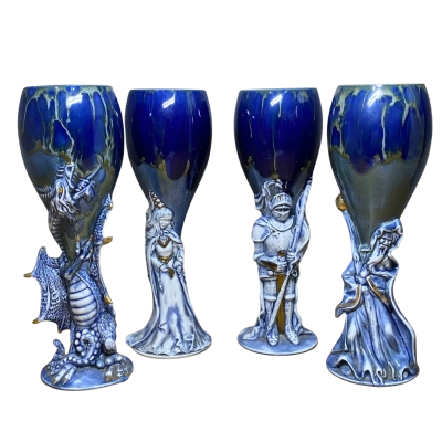 Lakeland molds 1994 flow blue fantasy ceramic goblets set of 4