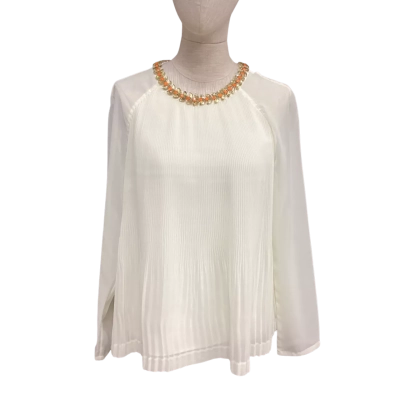 Ted Baker Pleated  Size S Long Sleeve Top with Crystal Neckline Cream 