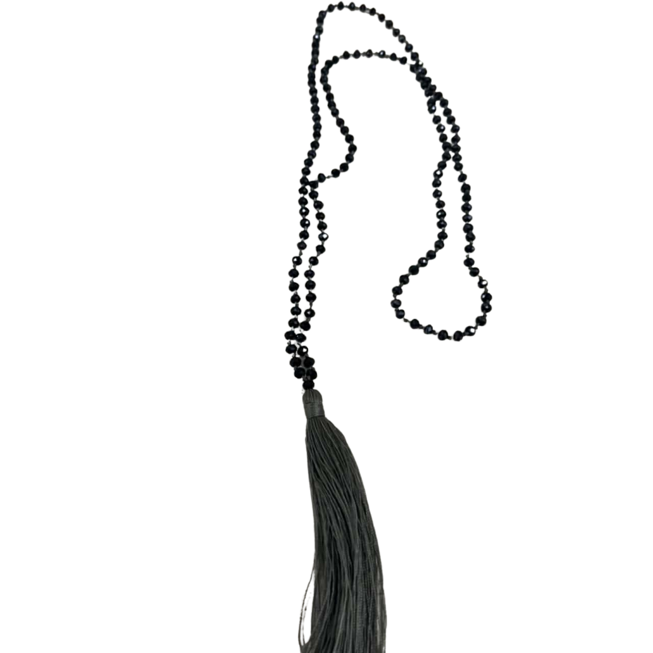 Black crystal necklace with grey tassel(s)
