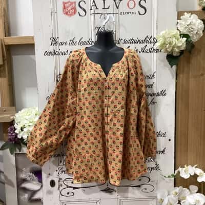 ALESSI BRAND! LONG PUFF SLEEVE FLORAL PATTERNED CHECKED BUTTON UP SHIRT! Womens  Size XL Button Up Top / Floral Top / Long Sleeve Shirt Burnt Orange / Checked / Floral / Pattern 