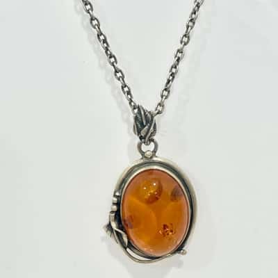 Silver Necklace 925 Silver Amber Pendant 