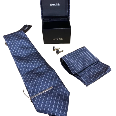  Mens Silk Ties / Cufflinks/handkercheif Blue / Silver / White 