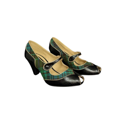 Kitten DAmour  Size 5.5 Black  /  Tartan Green Peep Toe Shoes