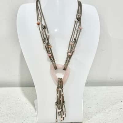 Vintage Rose Quartz Pendant Metal Mesh Fob Necklace 