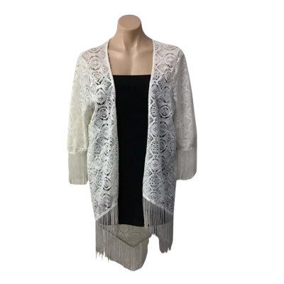 Temt Womens Size M White Lacey Pattern Cardigan with Fringing