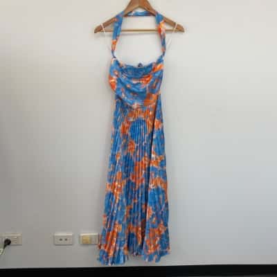 Fortunate One Blue Orange Floral Pleated Halter Neck Maxi Dress  Size S 