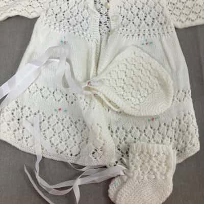 Hand made gorgeous knitted cardigan, booties and bonnet 