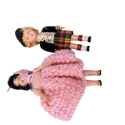 VINTAGE 1950s Novelty Dolls Pair – Scottish Tartan Souvenir & Pink Hand-Knitted Dress