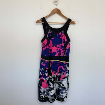 Table Eight Black Pink Blue FLoral Sleeveless Midi Dress  Size 12 