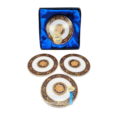 Box Set Of 4 Limoges 24kt Gilt Bacchus Milano Collection Fine Porcelain Coasters As New (brica shelf)