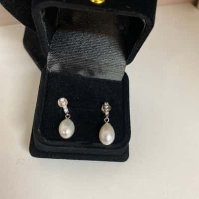 925 Crystal Bar Pearl Drop Stud Earrings 
